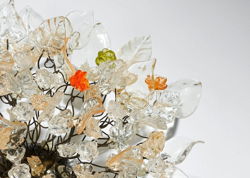 Floral Flush Mount Ceiling Light: Resin Flowers & Leaves, Orange Accents