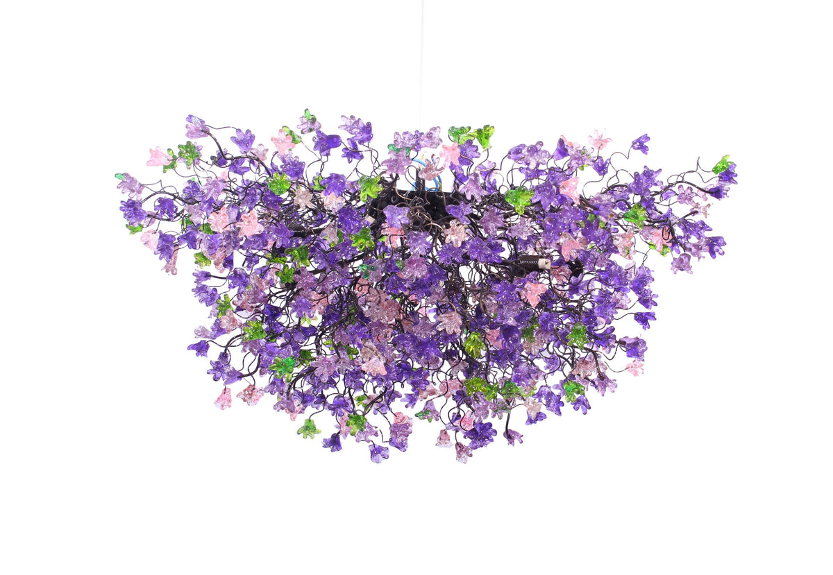 Unique Lighting, chandelier with purple, pink and green flowers, lights for Dining Room, statement lighting