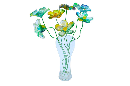 Resin Long-stem artificial blue and green flowers bouquet, Plant lover gift, Plant decorations for pots and vases