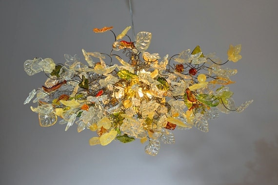 Chandelier hanging light with Champagne color flowers & leaves