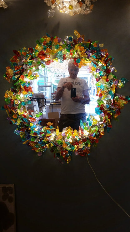 Round Resin Flower Wall Mirror: Decorative LED Light