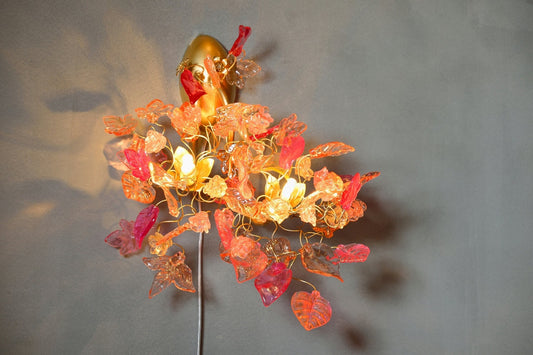 Double bouquet wall lamp - Sconces with flowers at pink orange color, handmade sconce