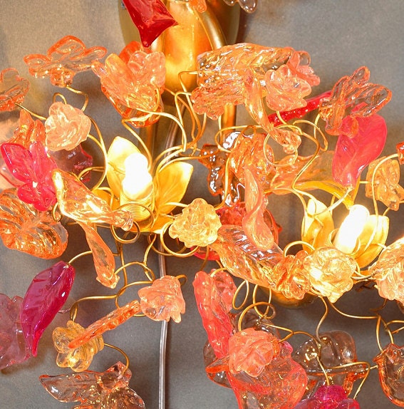 Double bouquet wall lamp - Sconces with flowers at pink orange color, handmade sconce