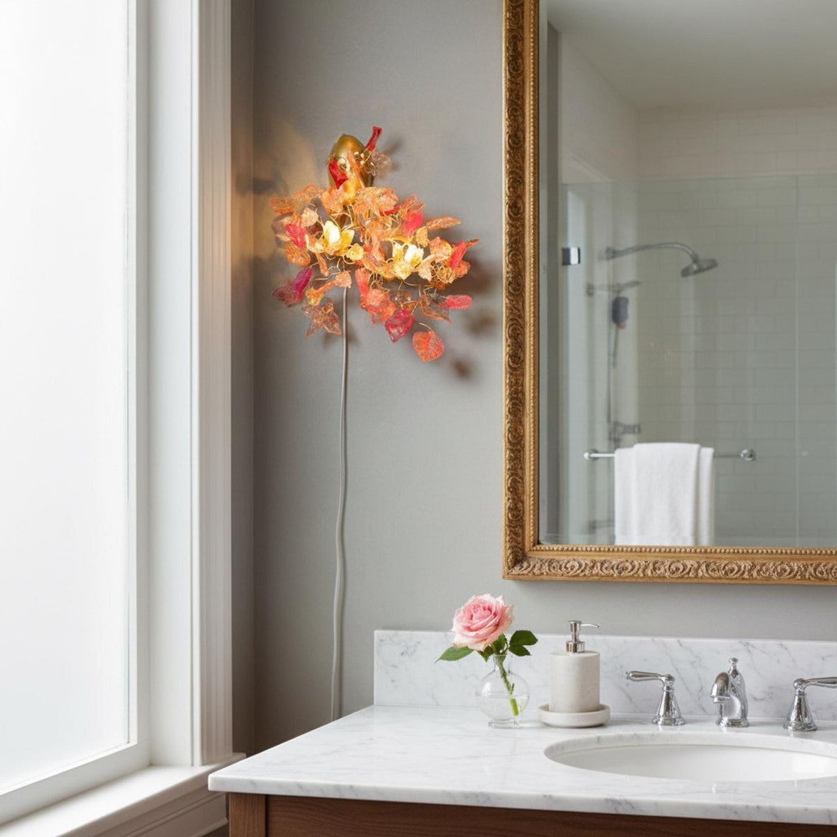 Double bouquet wall lamp - Sconces with flowers at pink orange color, handmade sconce