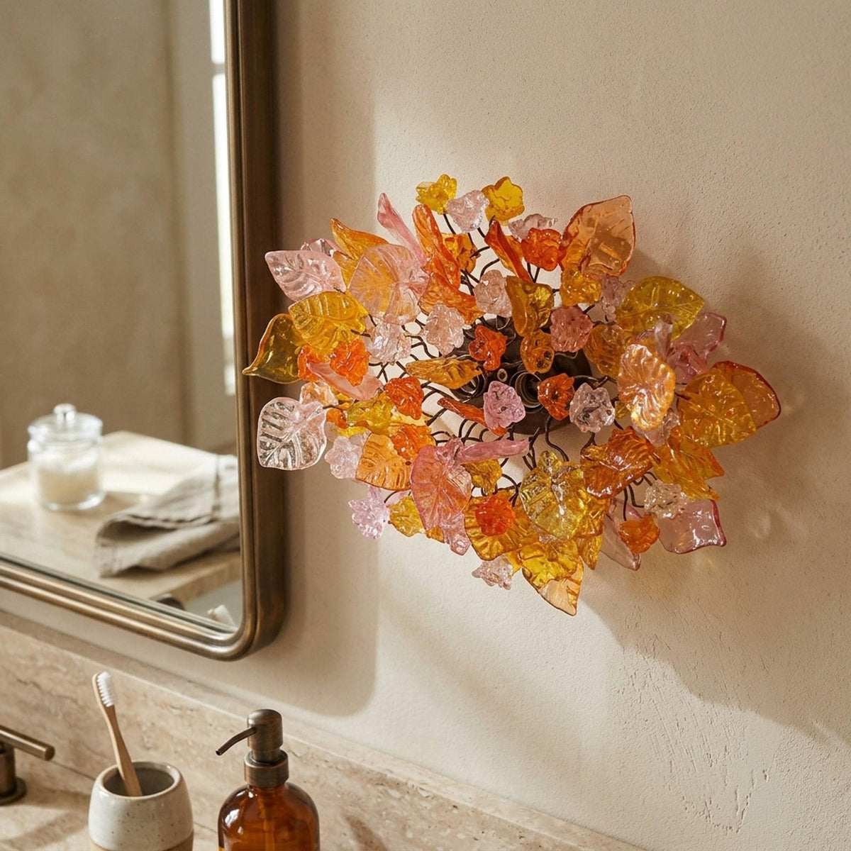 Bronze Wall Sconce: Orange, Pink, Yellow Resin Leaf Flush Mount Lighting