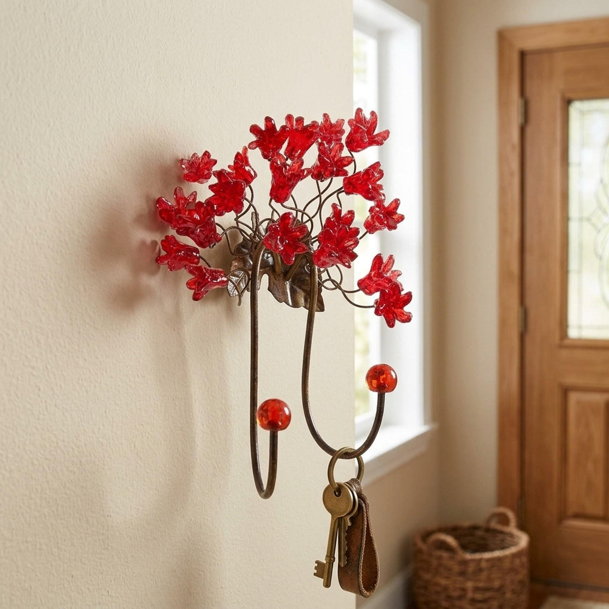Wall Hook with red resin flowers decorative wall hanger for towel, cloths keys.