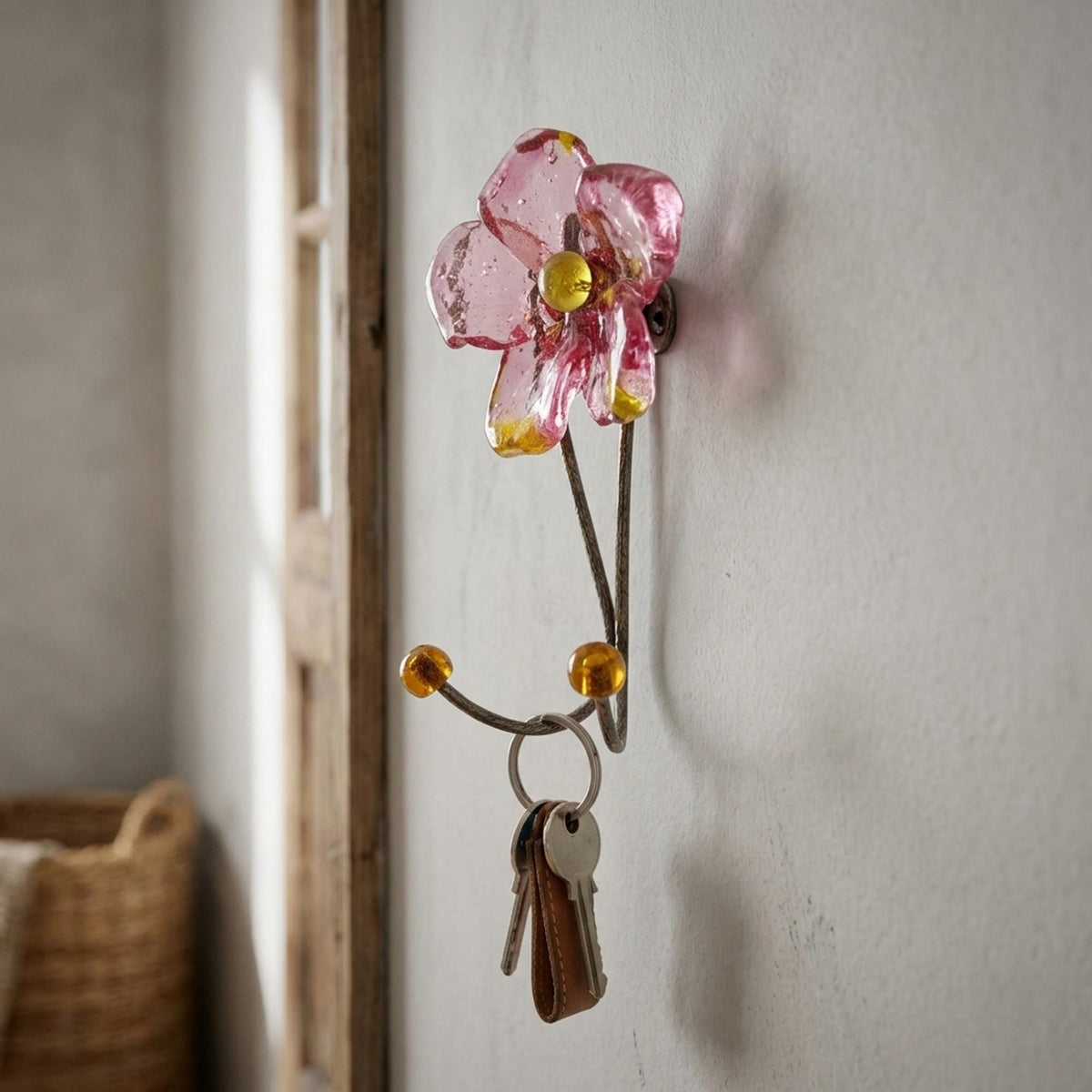 Wall Hook with pink resin flower, decorative wall hanger.