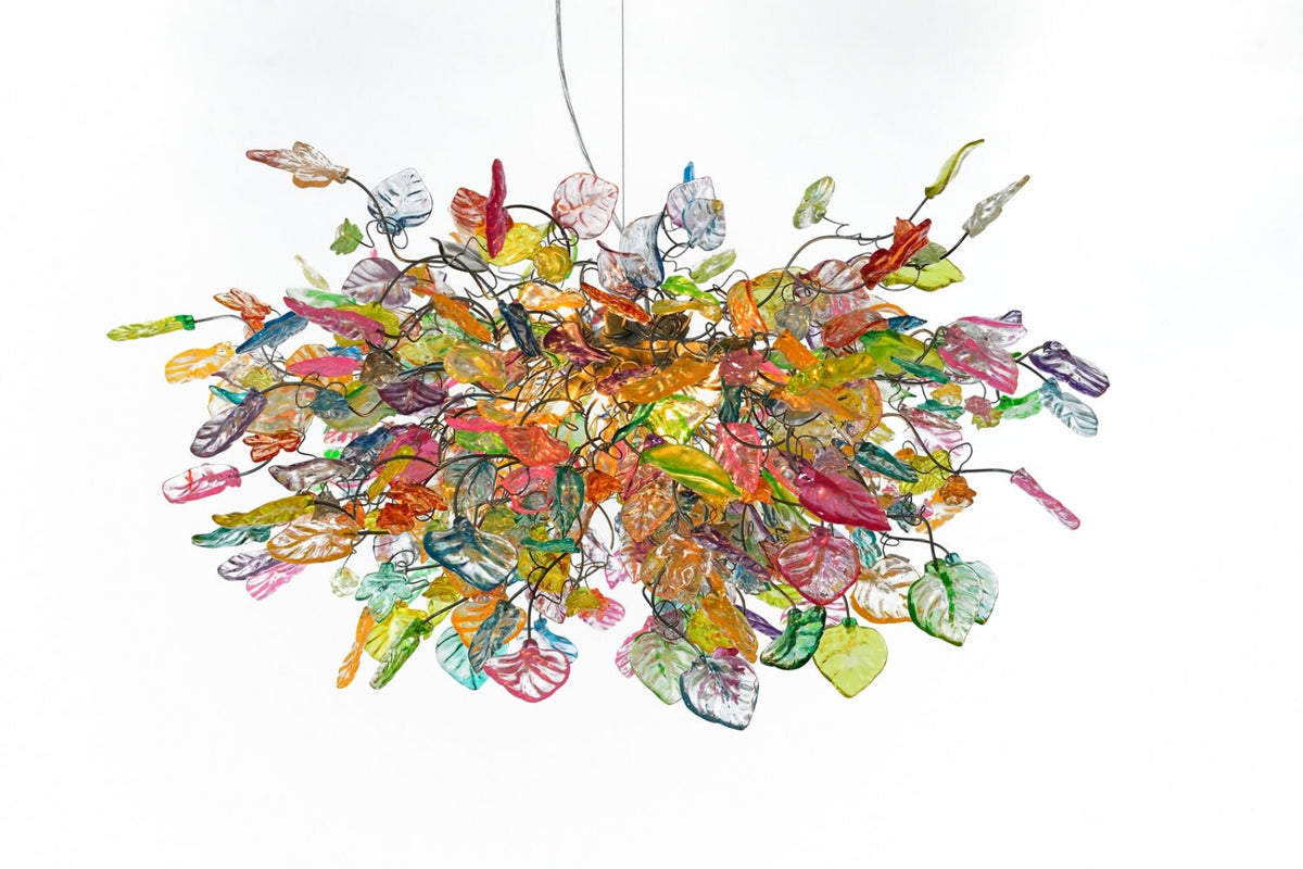 Pastel Flower Chandelier: Handmade Resin Leaves, Bronze Base